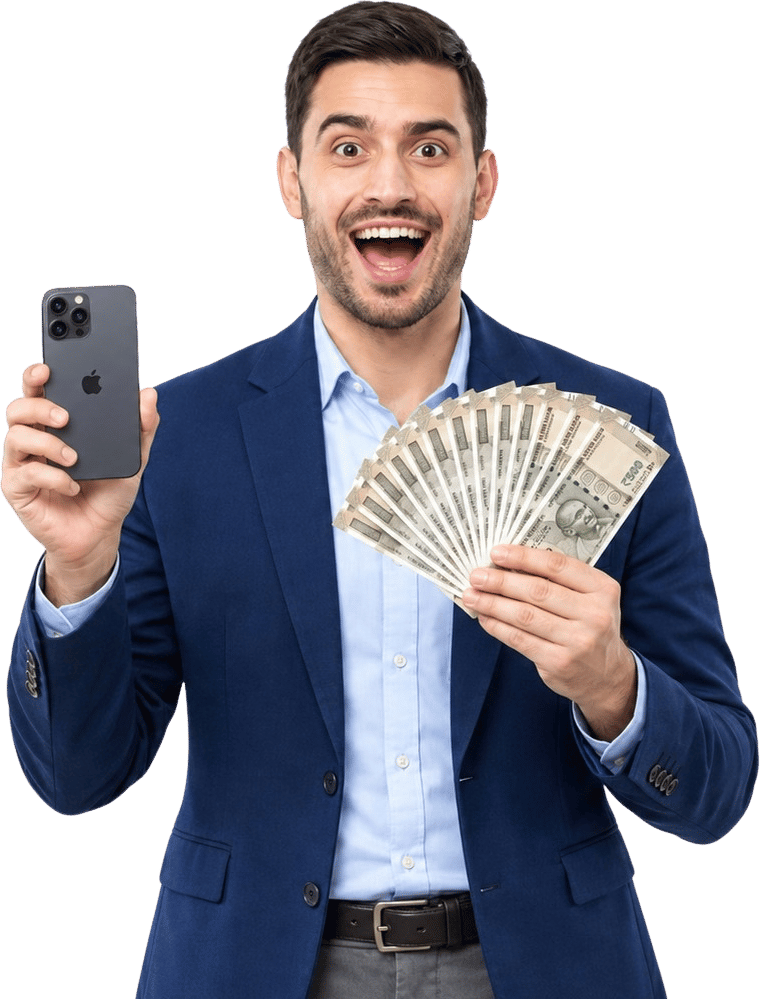 Happy seller holding his iPhone and cash