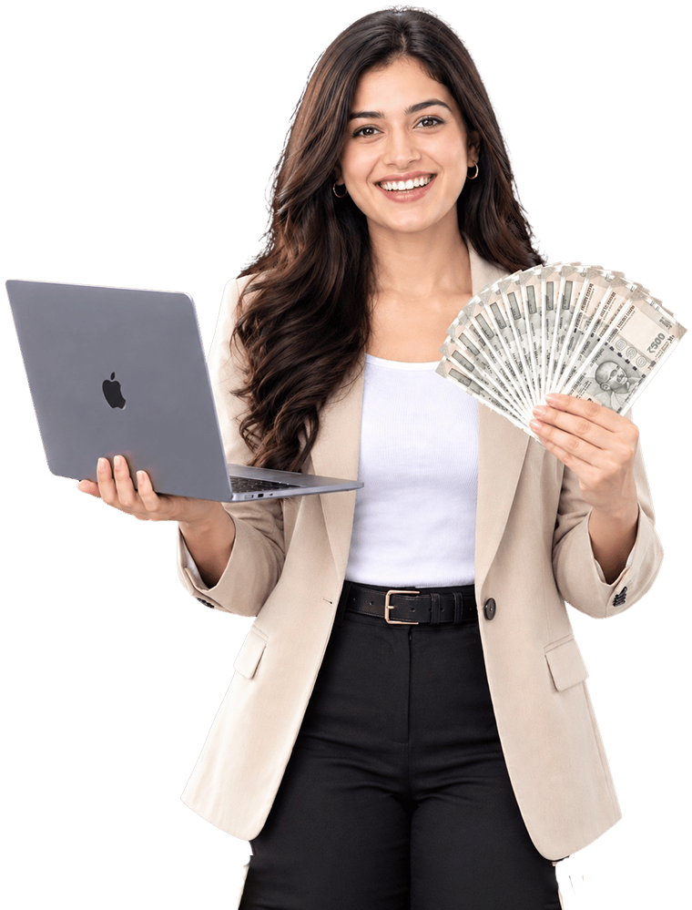 Happy seller holding her MacBook and cash